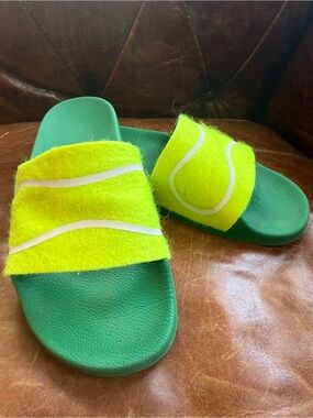 Tory Burch Green and Neon Yellow Felt Slide Sandals